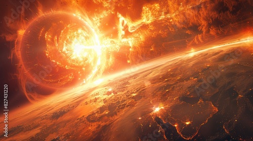 From the vantage point of space, witness the mesmerizing spectacle of solar flares colliding with an excessively heated Earth, portrayed in a captivating digital painting that exudes a science fiction