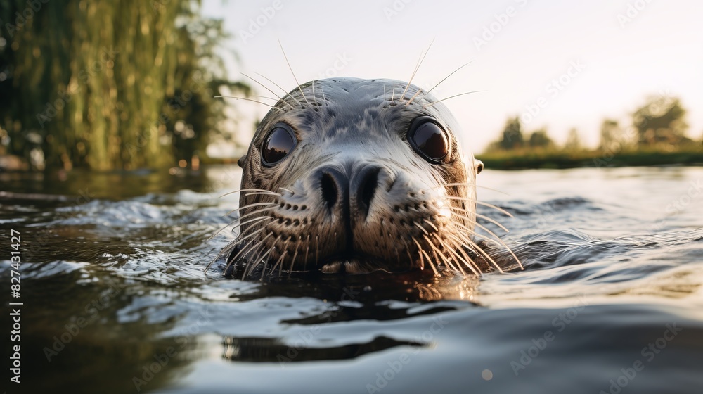 Close-up of a cute seal peeking out of the water in a serene natural setting, capturing the beauty of wildlife in its habitat.
