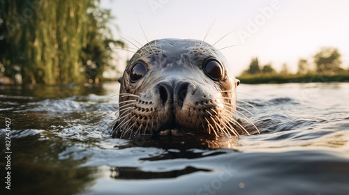 Close-up of a cute seal peeking out of the water in a serene natural setting, capturing the beauty of wildlife in its habitat.