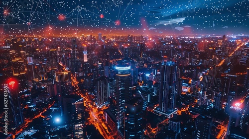 A smart city landscape with interconnected IoT devices and sensors  illustrating the transformative impact of digital technologies on urban infrastructure and services.