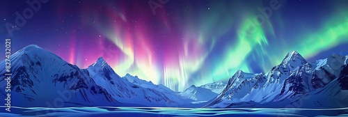 Snow-covered mountain range illuminated by vibrant aurora lights in the sky. Generative AI