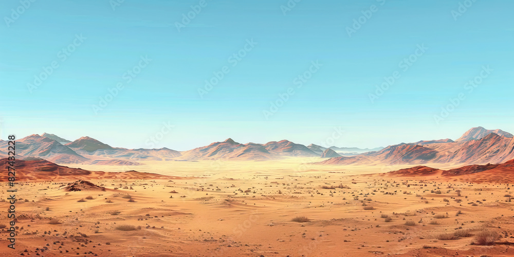 Deserted Desert Landscape: An expansive view of a desert landscape, stretching far into the distance with no signs of human activity, emphasizing the vast emptiness of the area