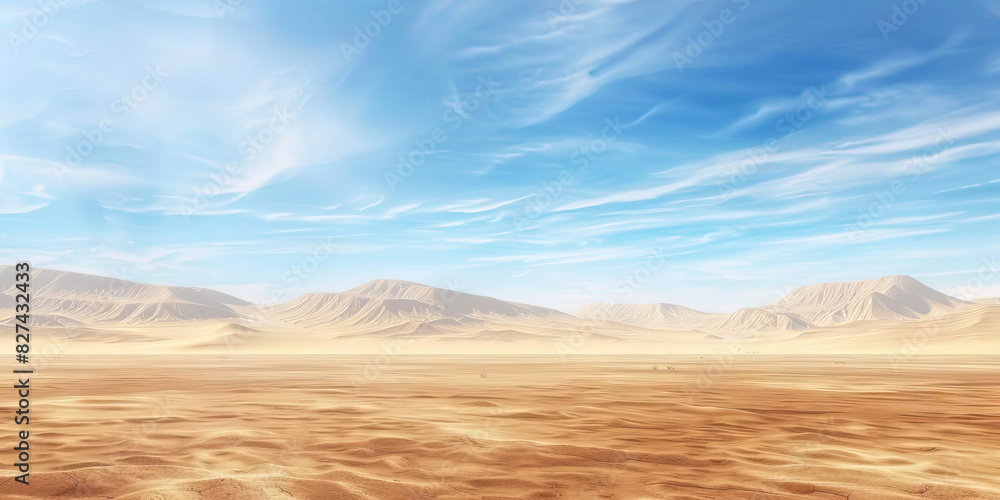Deserted Desert Landscape: An expansive view of a desert landscape, stretching far into the distance with no signs of human activity, emphasizing the vast emptiness of the area Deserted Desert Landscape: An expansive view of a desert landscape, stretching far into the distance with no signs of human activity, emphasizing the vast emptiness of the area
