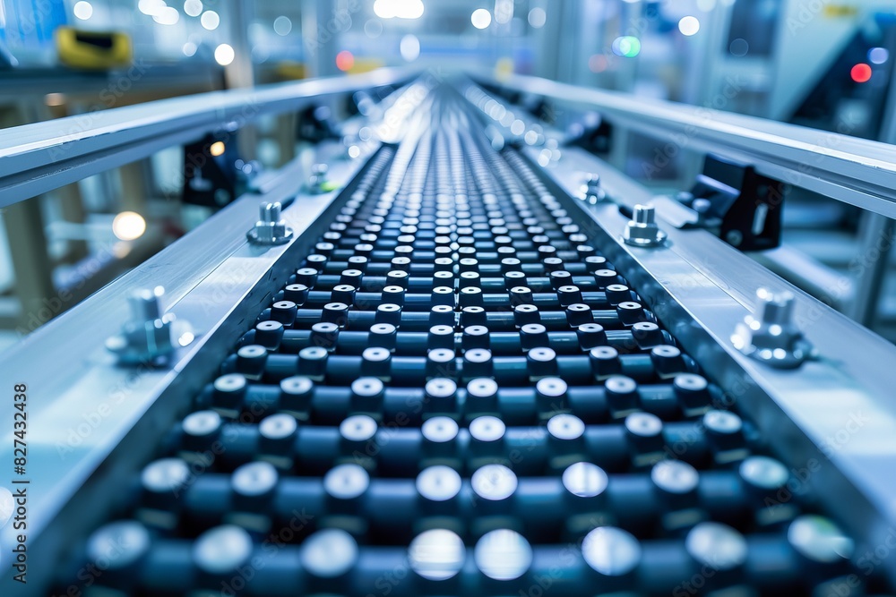Close-up of a production line in a modern factory, showcasing advanced technology and precision engineering in manufacturing.