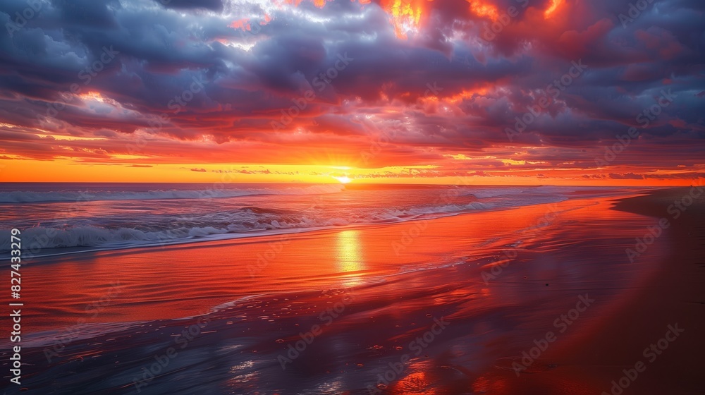 A dramatic sunset paints the sky over a serene beach, waves reflecting fiery hues off the wet sand.