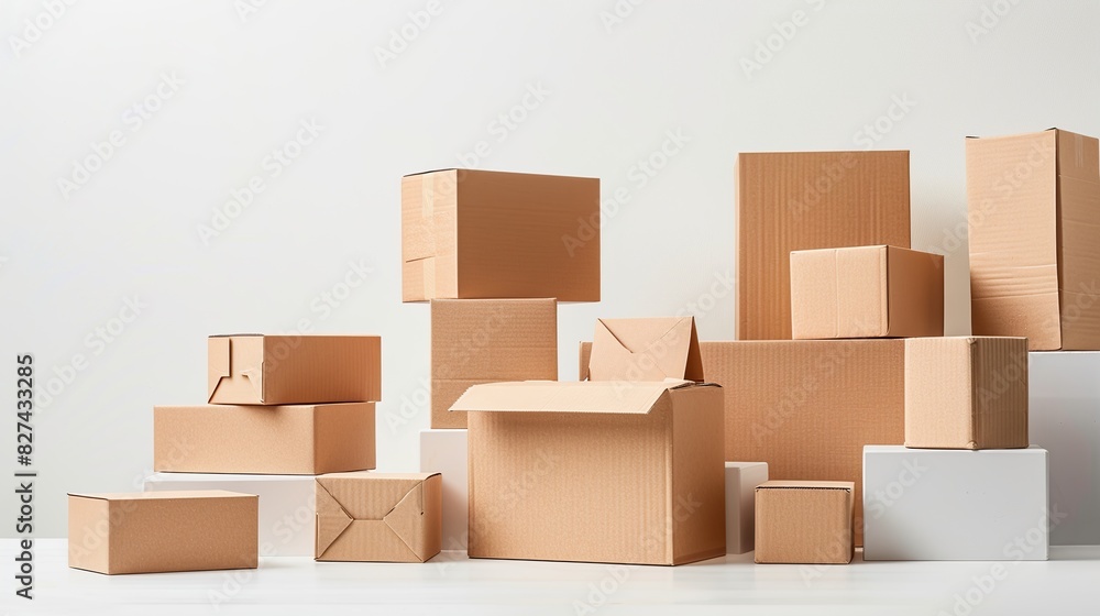 Stack of stacked cardboard boxes on white background. The boxes have different sizes and areas, stacked on top of each other. Stack of stacked cardboard boxes on white background. The boxes have different sizes and areas, stacked on top of each other.