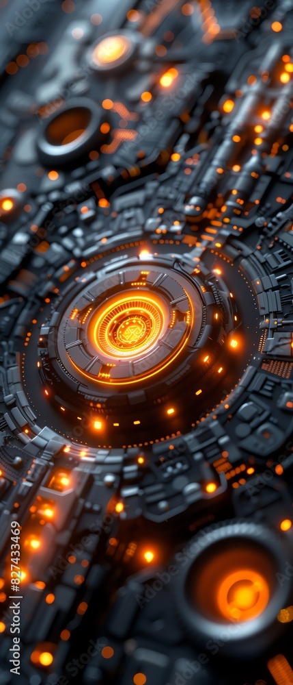 Futuristic mechanical structure with glowing orange elements, showcasing advanced technology and intricate design. Futuristic mechanical structure with glowing orange elements, showcasing advanced technology and intricate design.
