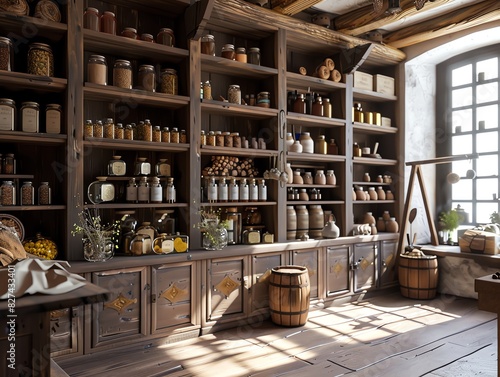 A 3D render of a Drung medicine apothecary with shelves of herbs photo