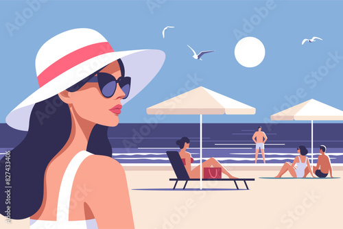 Summer time. Concept of summer party, vacation and travel. Woman in a hat and sunglasses on the beach, and people sunbathing on the background of the shore. Vector illustration in minimalistic style.