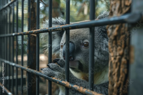 A sad-looking koala peers through the metal bars of its enclosure, invoking feelings of captivity and longing photo
