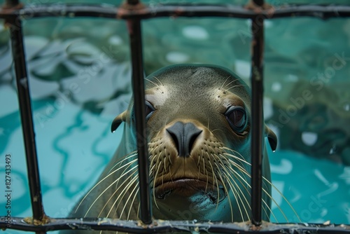 A seal's emotive face peers through metal bars in the water, evoking feelings of confinement photo