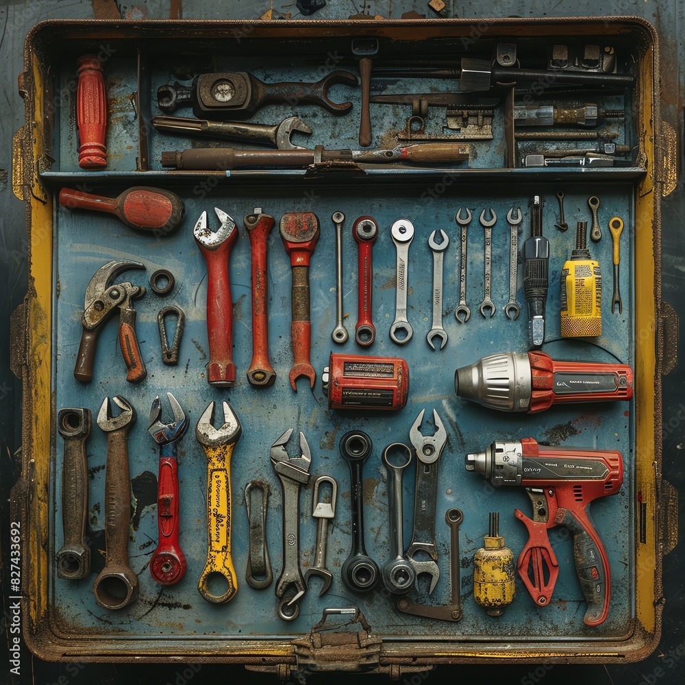 Fototapeta premium Organized toolbox with various tools including wrenches, screwdrivers, drill, and pliers. Ideal for construction and DIY projects.