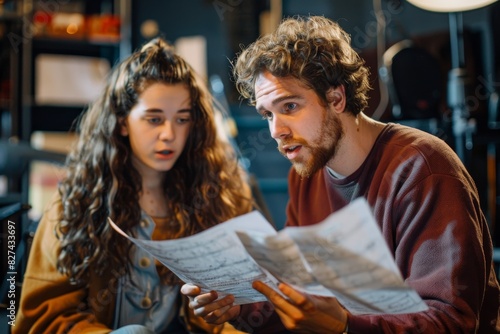 Two young adults with worried expressions reviewing documents together