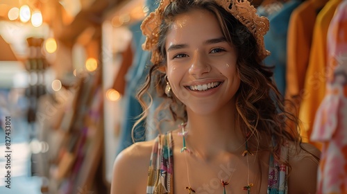 Hispanic woman trying on a stylish outfit in a trendy boutique