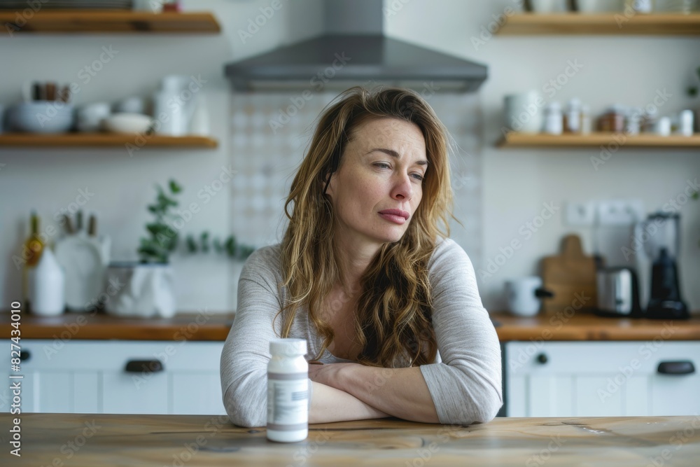 A pensive woman with a furrowed brow sits before a supplement bottle, projecting an image of health consideration A pensive woman with a furrowed brow sits before a supplement bottle, projecting an image of health consideration