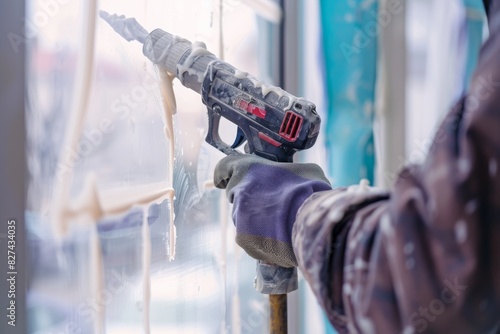 An image of a construction worker applying sealant on a window using a caulking gun during installation process photo