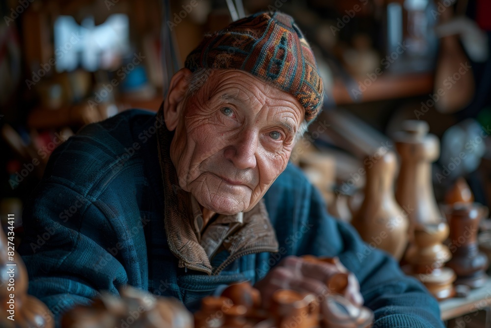 An elderly craftsman with a thoughtful gaze is surrounded by chess pieces in his woodworking shop, exuding skill and dedication