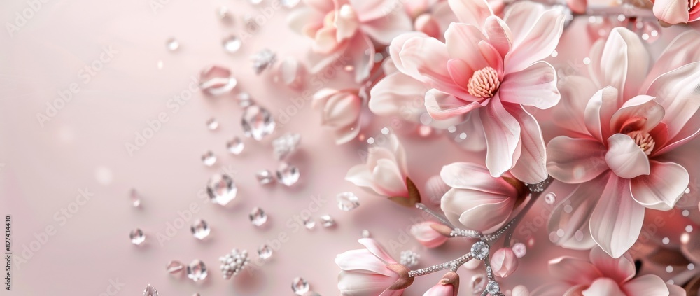 Elegant pastel pink background with blooming magnolia flowers and diamond. Elegant pastel pink background with blooming magnolia flowers and diamond.