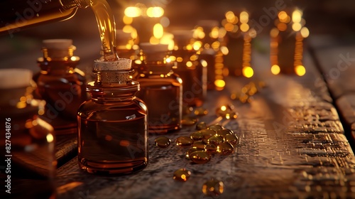 A 3D render of Drung medicinal oils being poured into small bottles photo