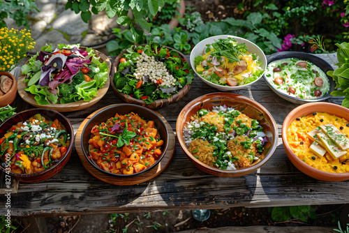 Wooden table adorned with bowls of various plantbased dishes