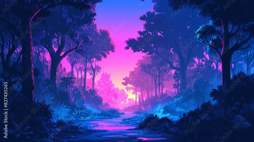 Obraz premium Mystic Sunset Over Serene Fantasy Forest.