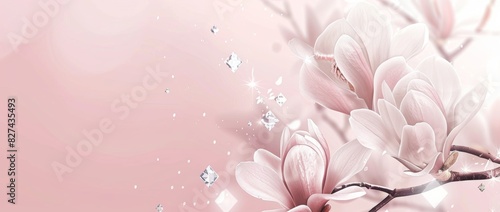 Elegant pastel pink background with blooming magnolia flowers and diamond.