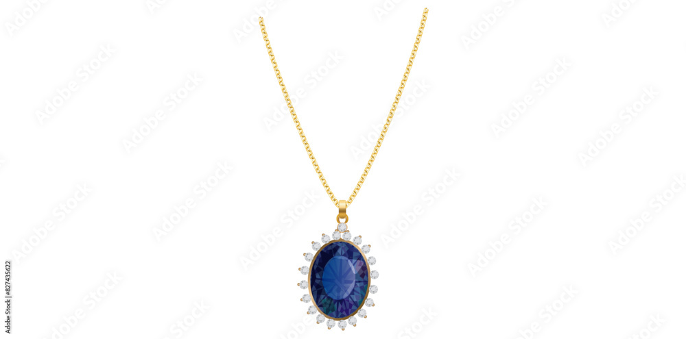 Necklace Of Yellow Gold Chain With Blue Stone Pendant, Gold Personal Fashion Accessory Vector Illustration. Necklace Of Yellow Gold Chain With Blue Stone Pendant, Gold Personal Fashion Accessory Vector Illustration.