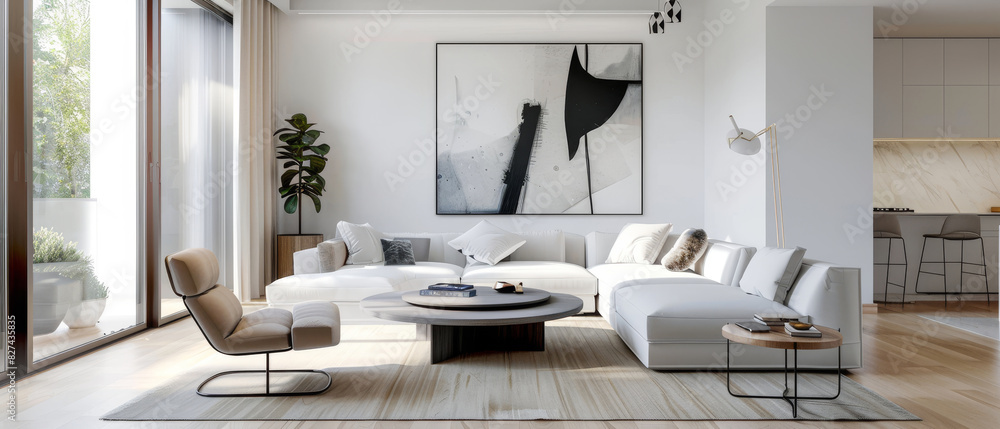 Contemporary and bright living room with white wall and large paintings Contemporary and bright living room with white wall and large paintings
