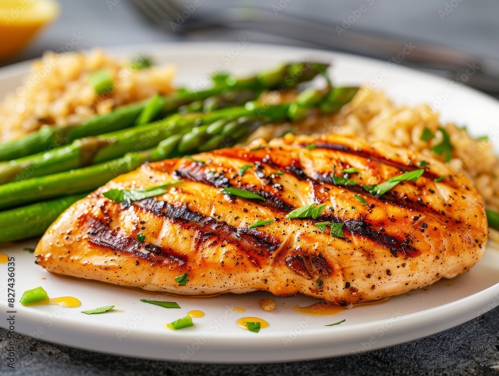 Grilled chicken breast with a delicious caramelized finish served with fresh asparagus and a side of brown rice, perfect for a healthy and tasty meal. Grilled chicken breast with a delicious caramelized finish served with fresh asparagus and a side of brown rice, perfect for a healthy and tasty meal.