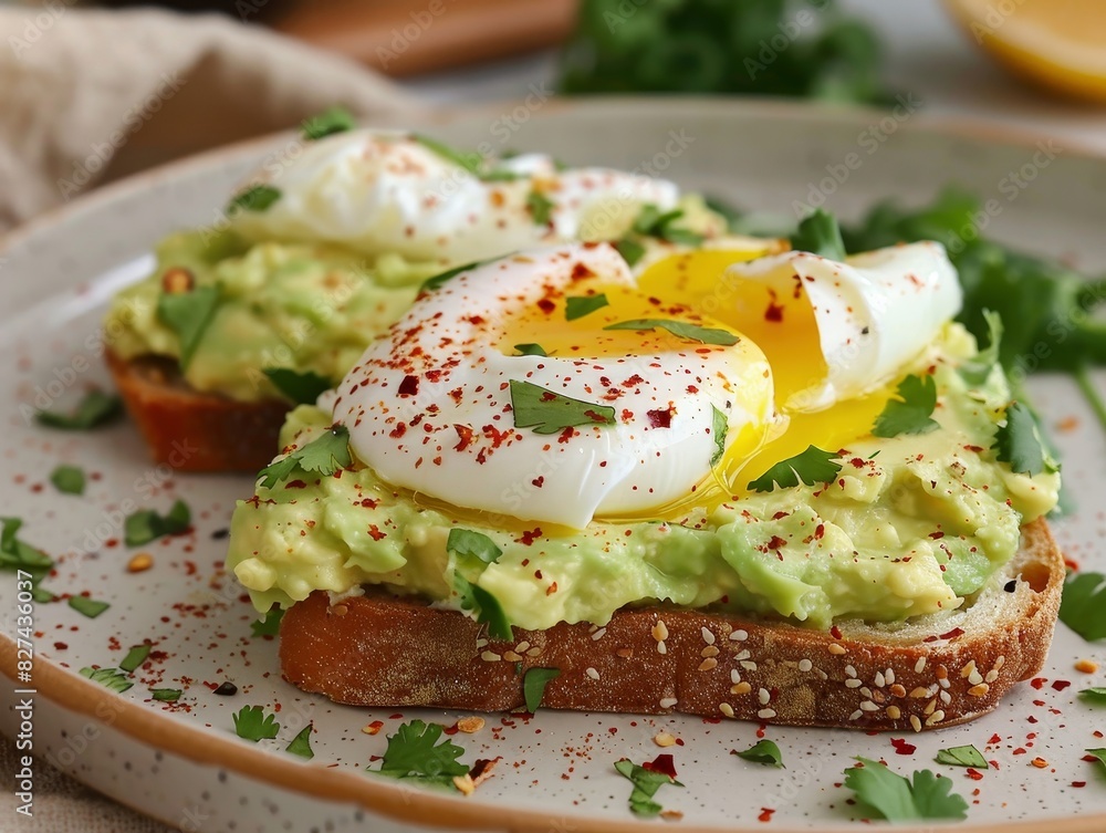Delicious avocado toast topped with perfectly poached eggs, garnished with fresh cilantro and a sprinkle of chili flakes, ideal for a healthy and satisfying breakfast or brunch. Delicious avocado toast topped with perfectly poached eggs, garnished with fresh cilantro and a sprinkle of chili flakes, ideal for a healthy and satisfying breakfast or brunch.