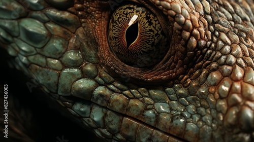 Close-up view of a reptile's eye showcasing intricate details and textures in the scales and iris, highlighting natural beauty and detail. © GenBy