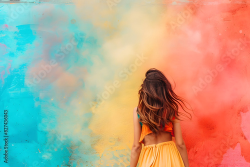Mujer de espaldas con humo de colores de fondo. Generado con IA.