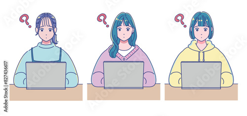 パソコンを使って勉強するアニメ調の女の子