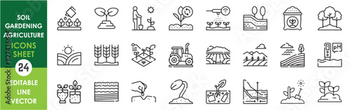 A set of line icons with soil, gardening and agriculture. Soil, crop, harvest, sow, sprout, trees, nature and so on. Vector outline icons set.