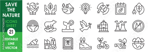 A set of line icons related to save the nature. Environment, no pollution, save nature, save trees and birds, ecology and so on. Vector outline icons set. photo