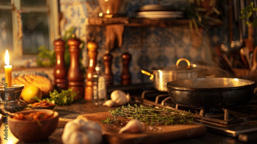 A cozy home kitchen setting with a pot of homemade simmering on the stove, surrounded by fresh ingredients and spices A cozy home kitchen setting with a pot of homemade simmering on the stove, surrounded by fresh ingredients and spices