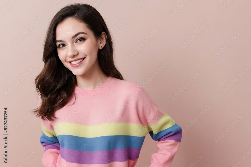 Cute young woman wearing a rainbow sweater, smiling and looking at the camera, standing on a pastel pink background with copy space. Cute young woman wearing a rainbow sweater, smiling and looking at the camera, standing on a pastel pink background with copy space.