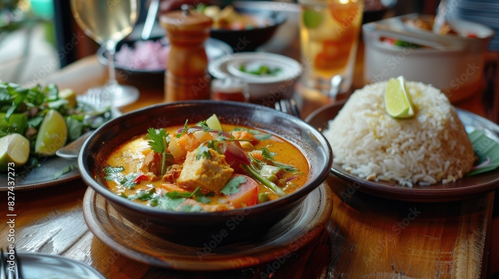 A cozy restaurant table set with Phanaeng Curry and ceviche mixto, capturing the fusion of Thai and Peruvian culinary traditions in one meal A cozy restaurant table set with Phanaeng Curry and ceviche mixto, capturing the fusion of Thai and Peruvian culinary traditions in one meal