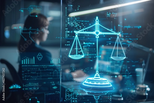 Legal consultant with compliance tracking tools, in consultancy office, regulatory requirements and compliance status visualized. Legal tech, compliance monitoring. , background blur