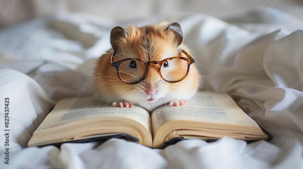 Cute hamster with glasses reading a book. Cute hamster with glasses reading a book.