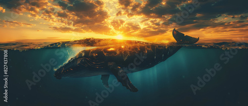 Whale silhouette with ocean and sunset double exposure, cinematic lighting photo