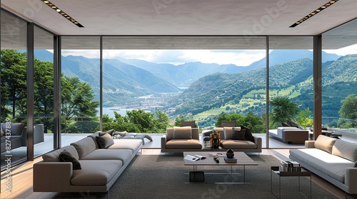 Large open living room with mountain views. Rooms are equipped with modern furniture © Alpa