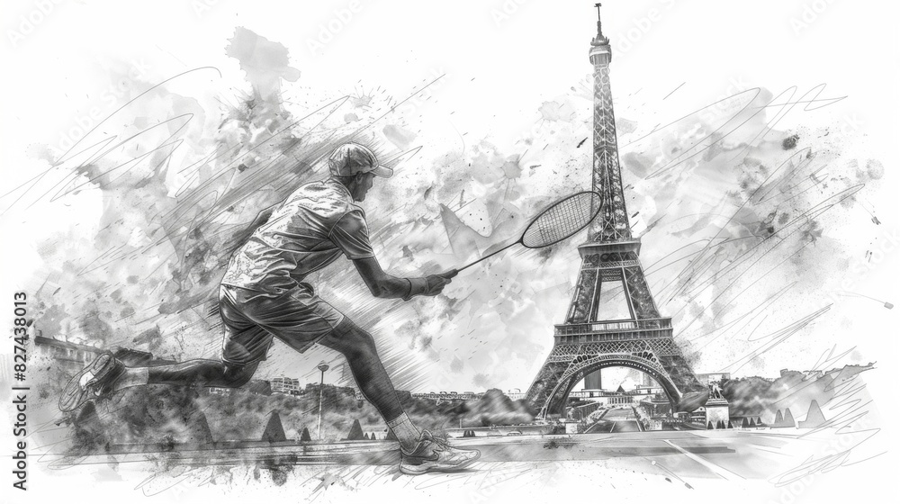 Obraz premium Black and white illustration, sketch, Summer Olympic Games, badminton player with a racket against the background of the Eiffel Tower and city panorama, free space for text