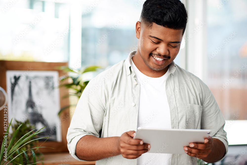 Tablet, internet and black man with smile in office for online news, communication and planning. Digital, agency and reporter with technology at work for schedule, networking and research for article Tablet, internet and black man with smile in office for online news, communication and planning. Digital, agency and reporter with technology at work for schedule, networking and research for article