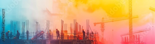 Abstract view of a vibrant construction site with silhouettes of workers and cranes, set against a colorful sky.