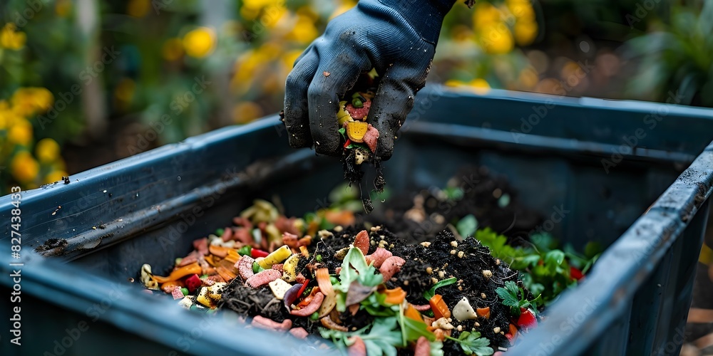 Individual composting food waste in backyard bin promotes sustainability through technology. Concept Sustainability, Composting, Food Waste Reduction, Backyard Bin, Technology Individual composting food waste in backyard bin promotes sustainability through technology. Concept Sustainability, Composting, Food Waste Reduction, Backyard Bin, Technology