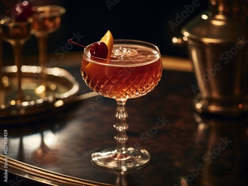 Elegant glass with a classic cocktail garnished with a cherry and orange slice, placed on a vintage bar counter with warm lighting. photo