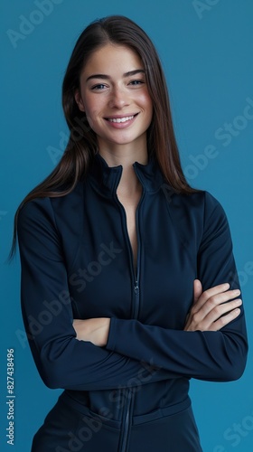 Sportive and attractive woman with a white smile, against a vibrant blue background