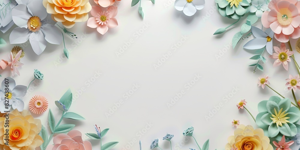paper cut flowers on pastel background with copy space. paper cut flowers on pastel background with copy space.