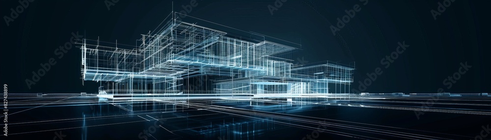 Futuristic architectural blueprint ing of a modern house design, showcasing detailed structure and innovative technology. Futuristic architectural blueprint ing of a modern house design, showcasing detailed structure and innovative technology.